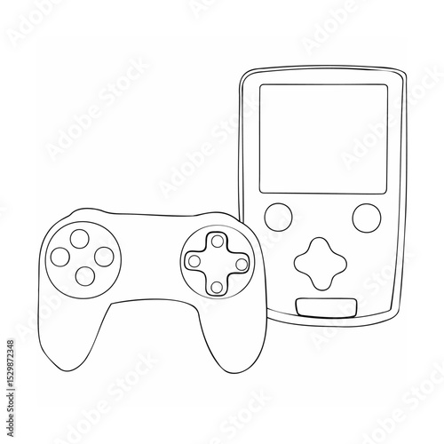 Outline illustration of a handheld video game console and a controller on white background
