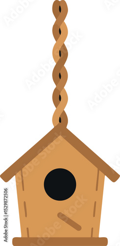 Wooden birdhouse hanging with twisted rope in simple flat style vector illustration 