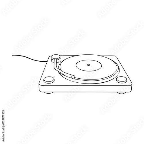 Simple black and white line art illustration of a vintage record player turntable