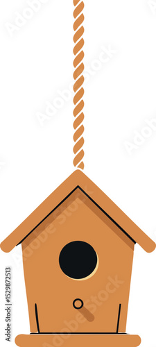 Hanging wooden birdhouse with rope for garden or outdoor decoration vector illustration 