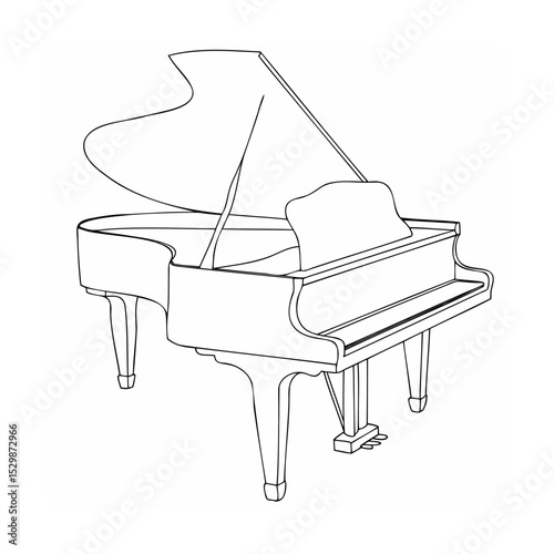 Elegant line art illustration of a grand piano musical instrument isolated on white background