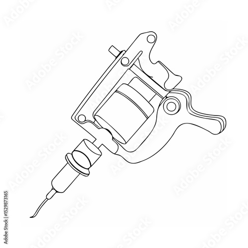 Detailed black and white line art illustration of a professional tattoo machine