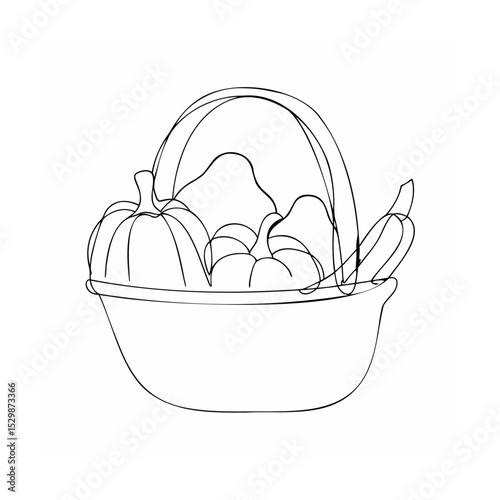 Simple hand drawn line art illustration of a basket filled with various autumn harvest vegetables.