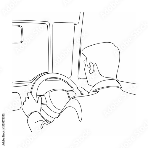 Driver steering a vehicle hand drawn in a single continuous line art style