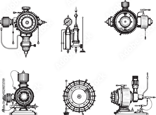 Mechanism set, retro, vintage, steampunk, cyberpunk, decorative elements. Ideal design for social media, cover, banner, flyer, music, ads.