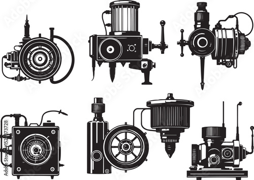 Mechanism set, retro, vintage, steampunk, cyberpunk, decorative elements. Ideal design for social media, cover, banner, flyer, music, ads.
