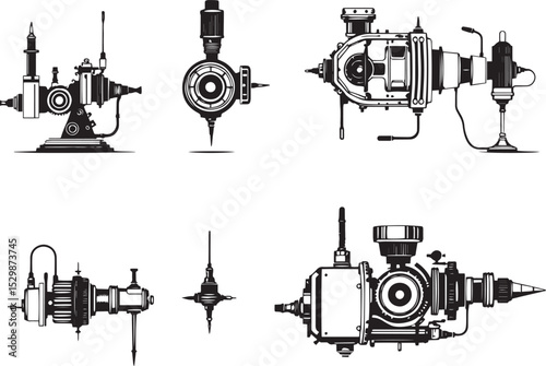 Mechanism set, retro, vintage, steampunk, cyberpunk, decorative elements. Ideal design for social media, cover, banner, flyer, music, ads.