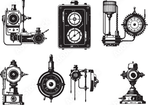 Mechanism set, retro, vintage, steampunk, cyberpunk, decorative elements. Ideal design for social media, cover, banner, flyer, music, ads.