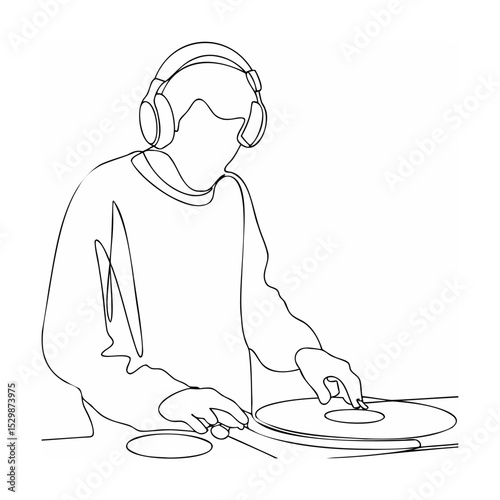 One continuous line drawing of a dj listening to music mixing on a turntable