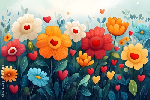 A vibrant illustration of colorful flowers with heart motifs, set against a serene backdrop. The composition exudes warmth and love, ideal for conveying romantic or cheerful themes.