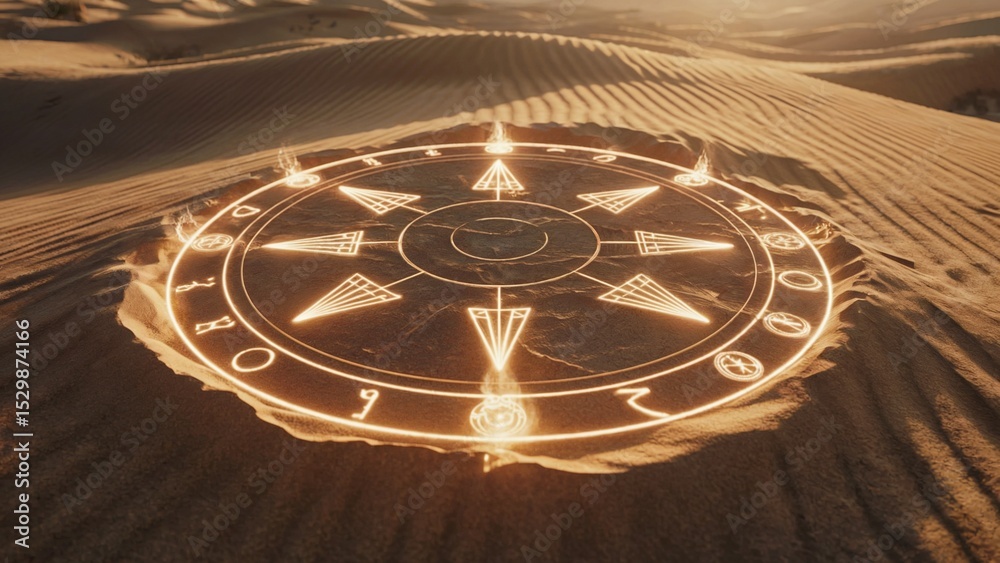 Mystical Glowing Circle on Desert Sand — Top-Down View with Sharp Symbols Mystical Glowing Circle on Desert Sand — Top-Down View with Sharp Symbols