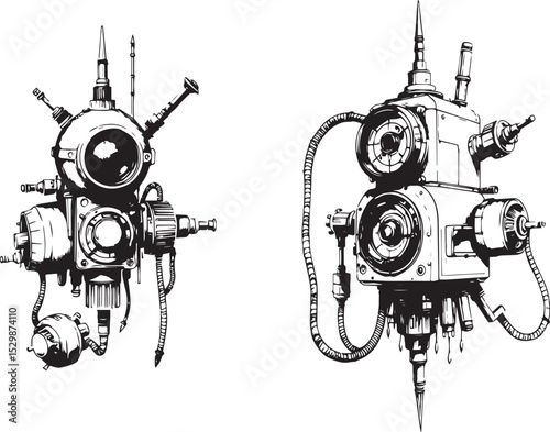 Mechanism set, retro, vintage, steampunk, cyberpunk, decorative elements. Ideal design for social media, cover, banner, flyer, music, ads.