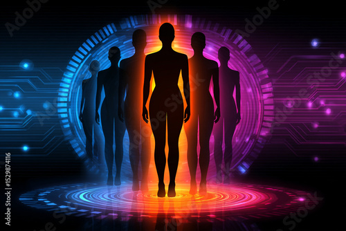 Silhouette of People with Digital Technology Background
