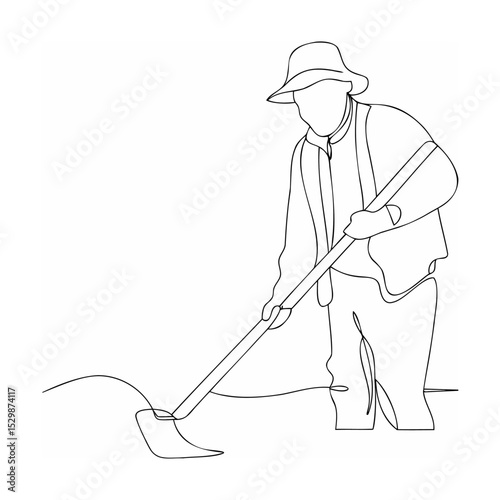 Minimalist line drawing depicting a farmer using a hoe in agricultural field.