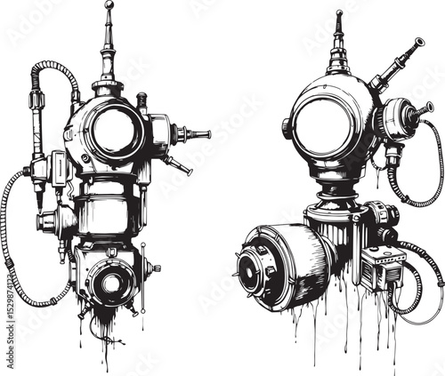 Mechanism set, retro, vintage, steampunk, cyberpunk, decorative elements. Ideal design for social media, cover, banner, flyer, music, ads.
