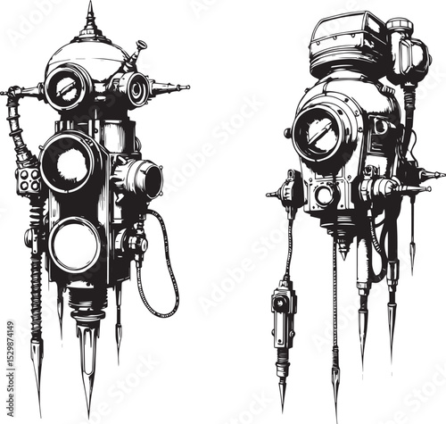 Mechanism set, retro, vintage, steampunk, cyberpunk, decorative elements. Ideal design for social media, cover, banner, flyer, music, ads.