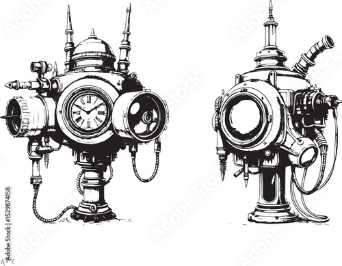 Mechanism set, retro, vintage, steampunk, cyberpunk, decorative elements. Ideal design for social media, cover, banner, flyer, music, ads.