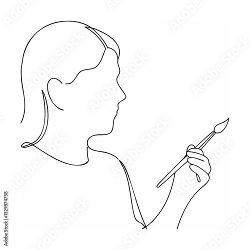 Minimalist artwork depicting an artist holding a paintbrush with a single continuous line