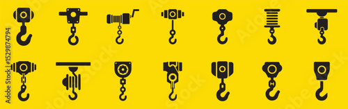 Industrial hook and pulley icon set vector. Construction or lifting equipment