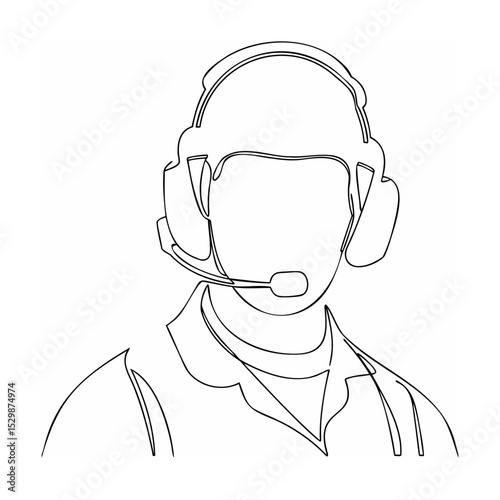 Single continuous line drawing of a customer service representative with a headset for support