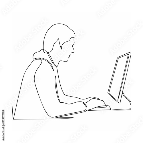 One continuous line drawing depicts person working on a computer in minimalist style.