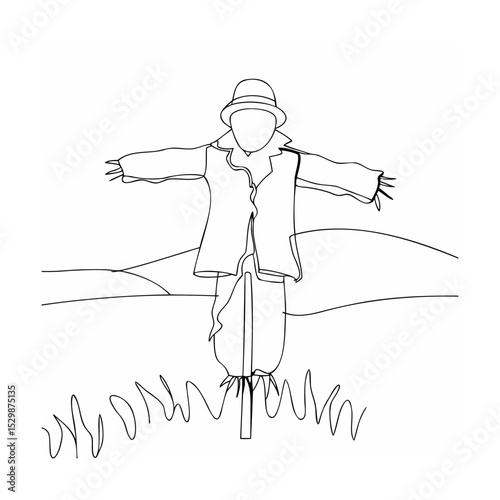 Minimalist black and white outline drawing of a scarecrow standing in a field