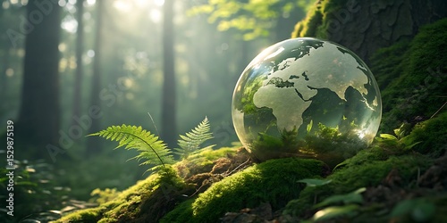 Fragile Earth A Transparent Globe Nestled in Lush Jungle Foliage