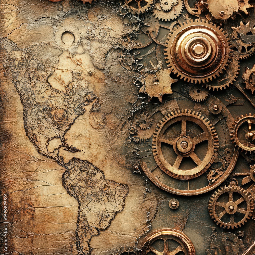 Naklejka premium Amidst a backdrop rich with aged parchment and ornate typography intricate brass and copper gears unite with whimsical steam effects creating a captivating steampunk aesthetic filled with fantasy