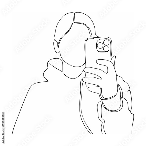 Continuous line drawing of a person taking a selfie with a modern smartphone