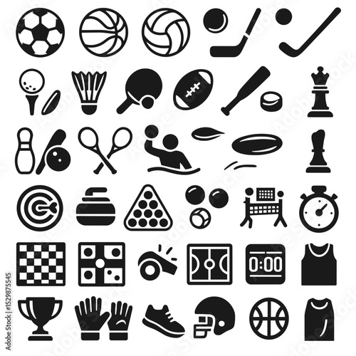 Sports icon set featuring various games and equipment in black  