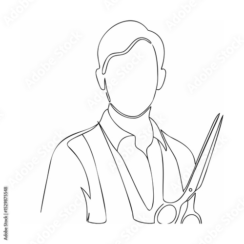 Minimalist line drawing depicting a hair stylist holding scissors against a white background