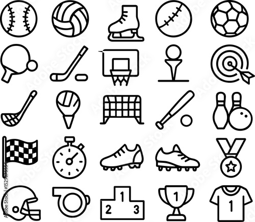 Set of sports icons including baseball, volleyball, and trophies  