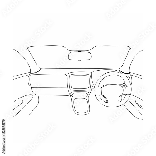 Interior of a modern car with steering wheel dashboard and windshield in line art style