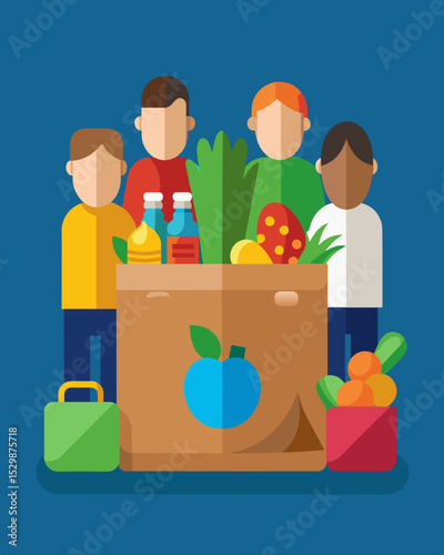 A company implementing a brown bag day where employees bring nonperishable food items to work which are then donated to a local food bank.. Vector illustration