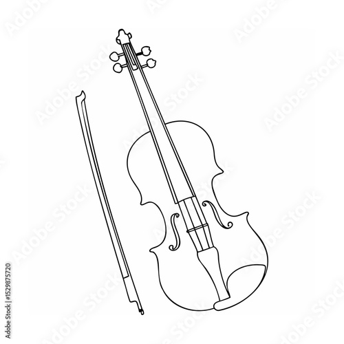 Simple black and white illustration of a violin and bow on white background