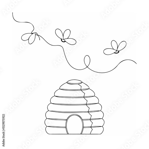 Minimalist line art illustration of a beehive with flying bees in a simple black and white design