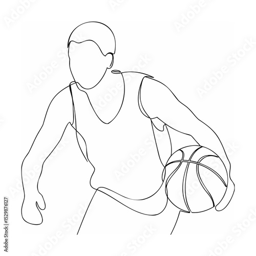 Line art illustration of a basketball player dribbling the ball in minimalist style