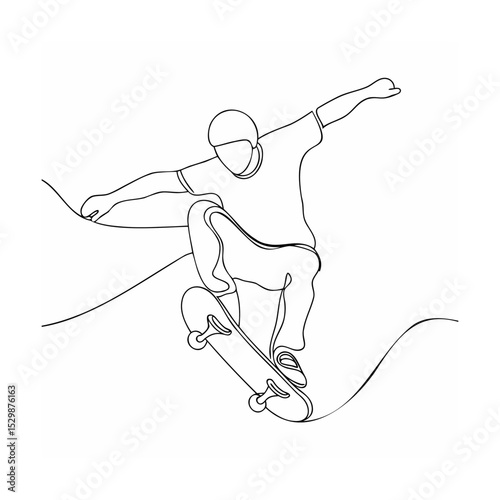 Dynamic line art illustration of a skateboarder performing an aerial trick against white background