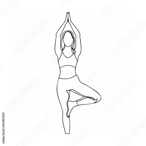 Minimalist black and white line drawing of a woman in tree pose yoga exercise
