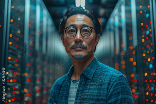 A middle-aged man stands proudly in a high-tech server room, symbolizing expertise and innovation in technology, shedding light on the importance of data in our lives. photo