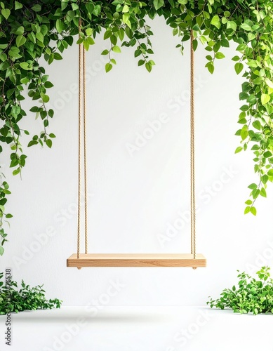 Minimalist Wooden Swing Hanging Against White Wall with Green Vines