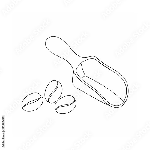 Simple line drawing illustration of coffee beans and a small scoop for brewing