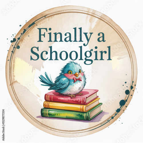 Watercolor illustration Finally a Schoolgirl with adorable bird standing on books, perfect for nursery prints and classroom decor.

