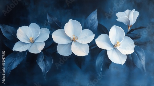 Delicate Chinese floral ink painting of jasmine flowers in soft white tones with dark green leaves on light textured background, subtle and refined atmosphere