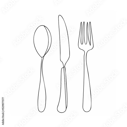 Elegant minimalist line art illustration of a spoon knife and fork tableware set