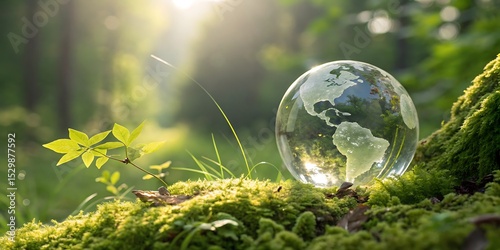 Glass Globe on Mossy Surface Symbol of Environmental Conservation and Sustainability