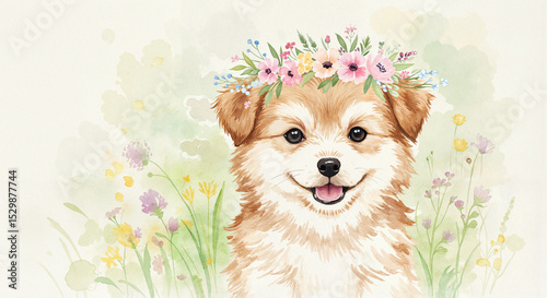 Watercolor painting of puppy with floral wreath in soft pastel tones, whimsical garden atmosphere on textured paper