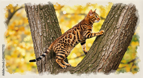 Watercolor painting of Bengal cat climbing tree with soft brushstrokes, warm sunlight, and gentle shadows in nature-themed art style on textured paper