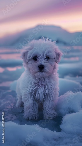 Fluffy white puppy stands in snowy landscape at sunset.