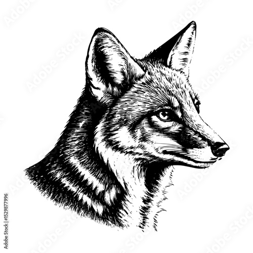 Fox in profile in an vintage etched style,black and white illustration